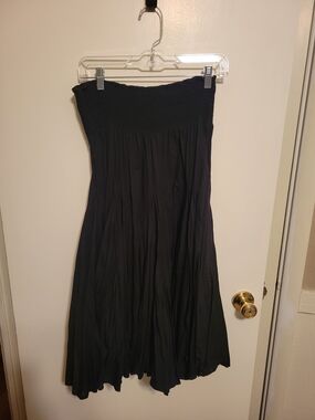 Black Smocked Waist Midi Skirt